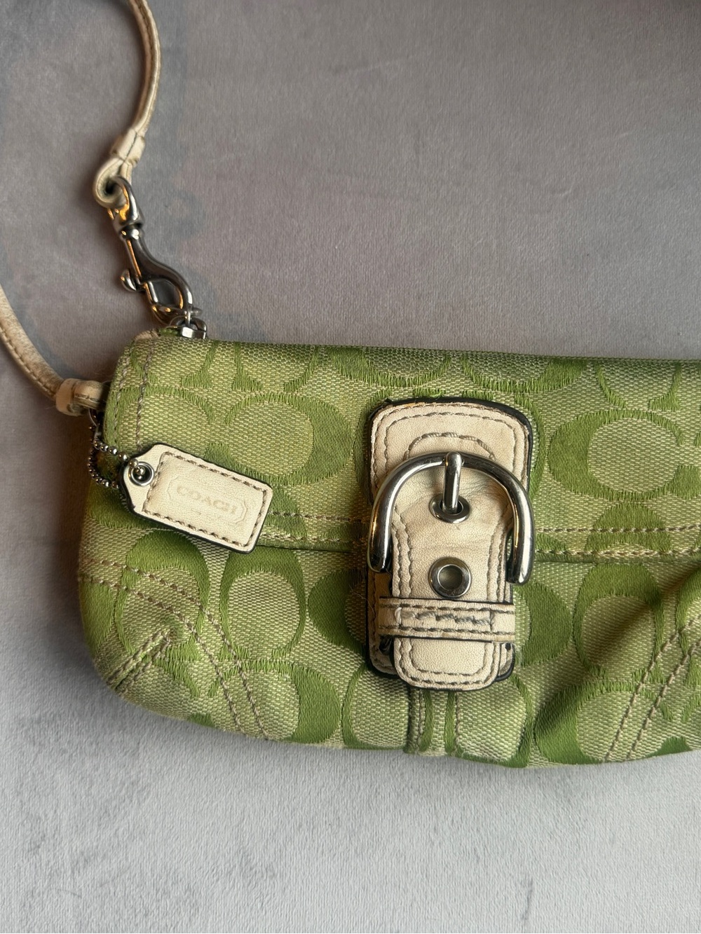 Coach Rare Green Signature Canvas Wristlet with Ivory Trim and Silver Buckle